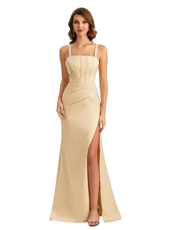 Sexy Silky Satin Lace Mermaid Maxi Evening Gowns For Women Side Slit Spaghetti Straps sold by ChicSew