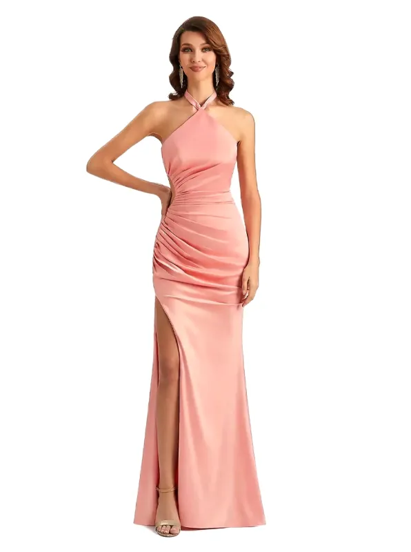 Elegant Halter Mermaid Ruched Satin Long Evening Formal Dresses Side Slit sold by ChicSew