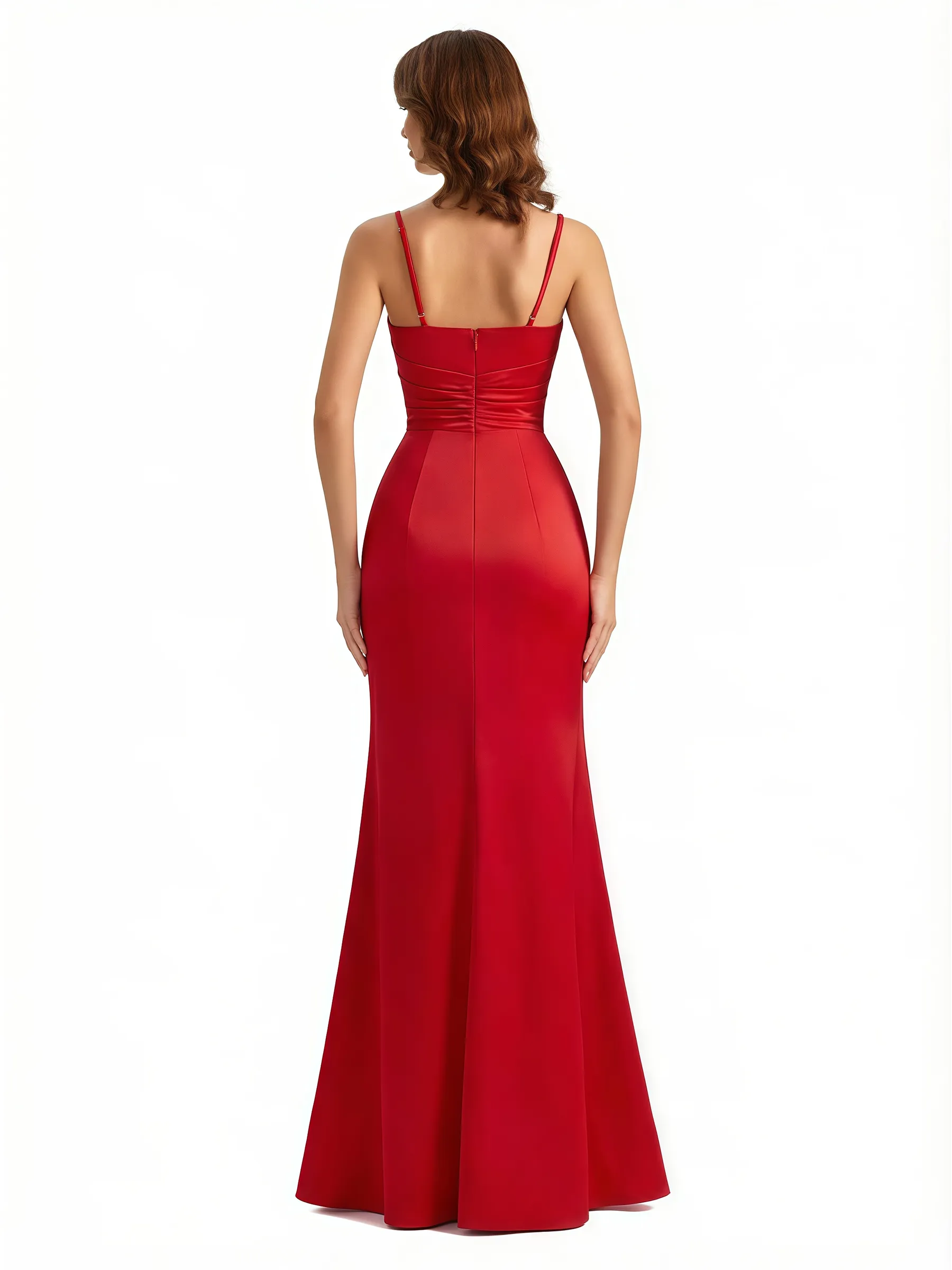 Women's Mermaid Ruched Satin Side Slit Long Formal Dresses With Waist Drape Spaghetti Straps V-Neck sold by ChicSew product image thumbnail 2