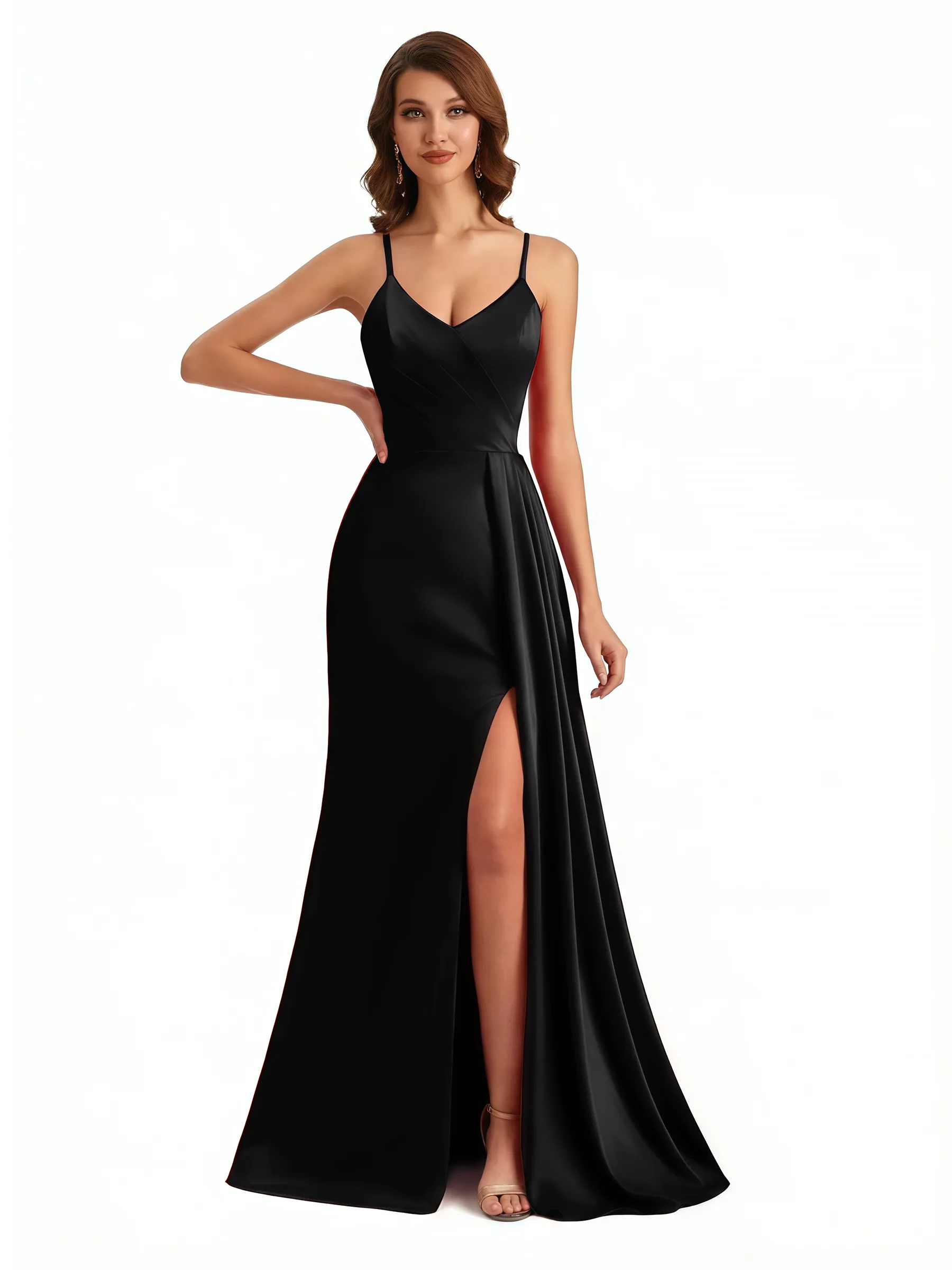 Women's Mermaid Ruched Satin Side Slit Long Formal Dresses With Waist Drape Spaghetti Straps V-Neck sold by ChicSew product image thumbnail 3