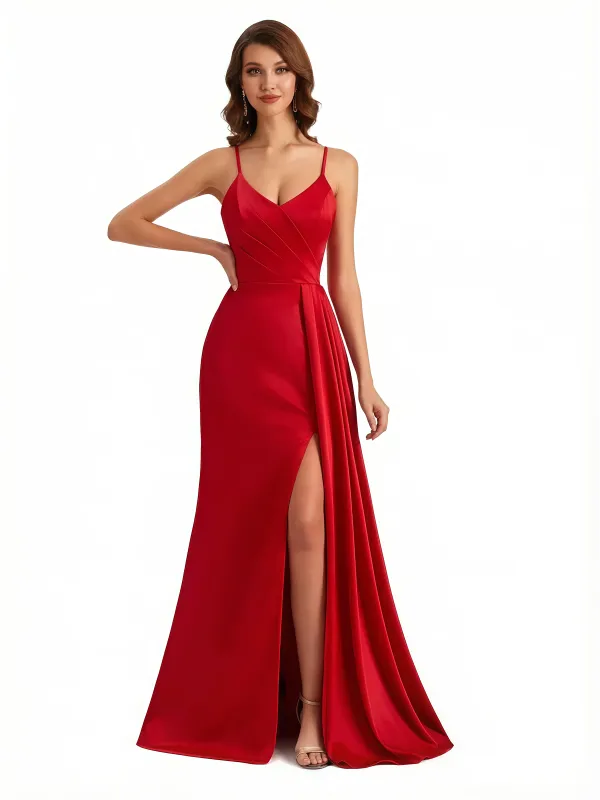 Women's Mermaid Ruched Satin Side Slit Long Formal Dresses With Waist Drape Spaghetti Straps V-Neck sold by ChicSew