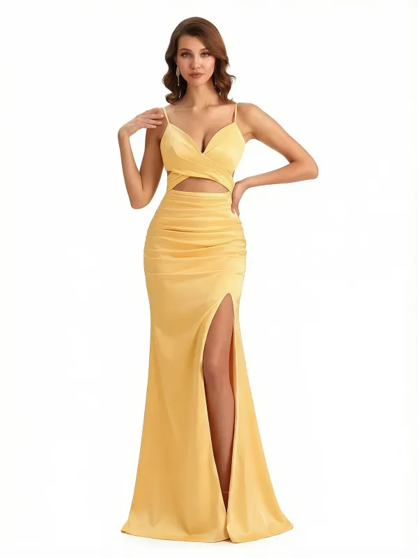 Sexy V-neck Mermaid Silky Satin Long Formal Dresses Side Slit Spaghetti Straps sold by ChicSew