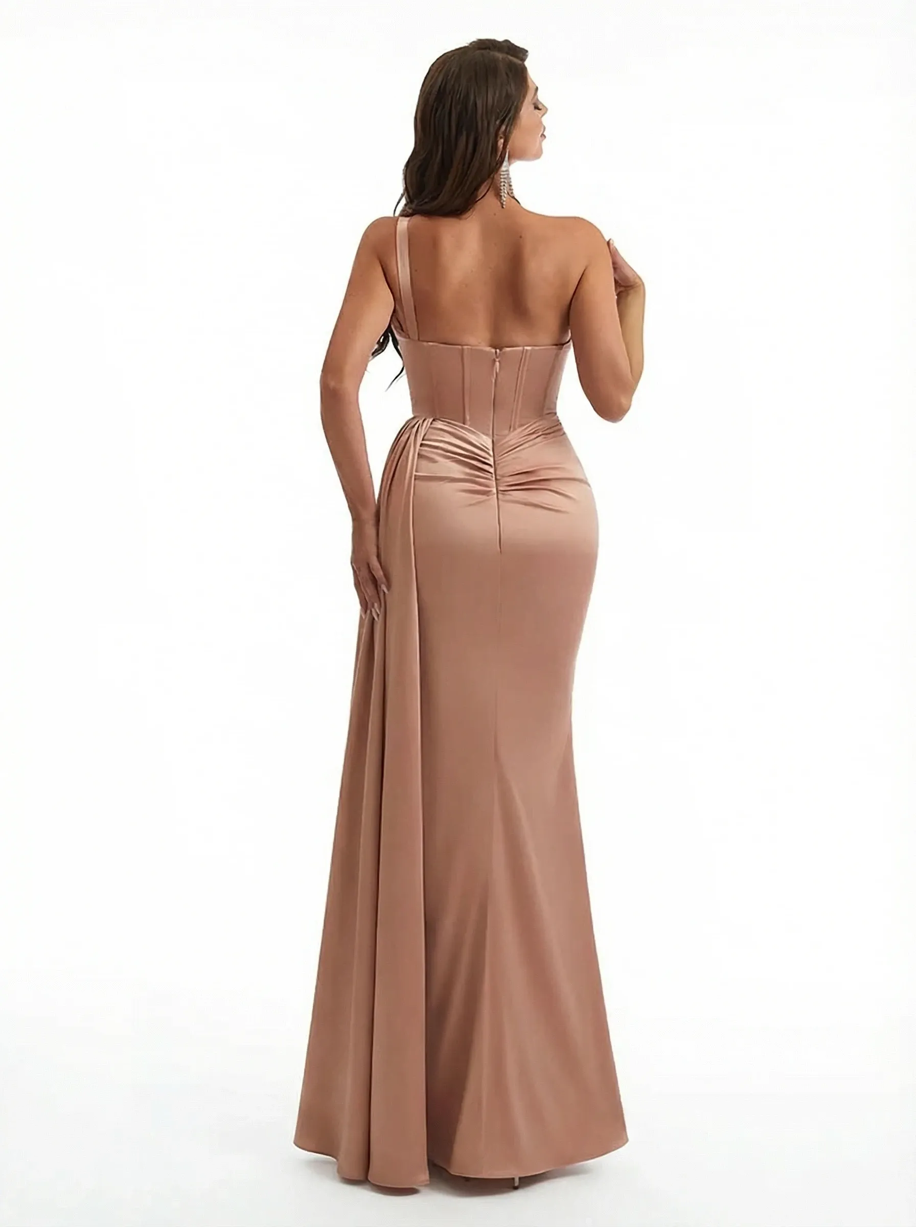 Sexy One Shoulder Ruched Mermaid Silky Satin Long Formal Dresses With Waist Drape Boning Side Slit sold by ChicSew product image thumbnail 2