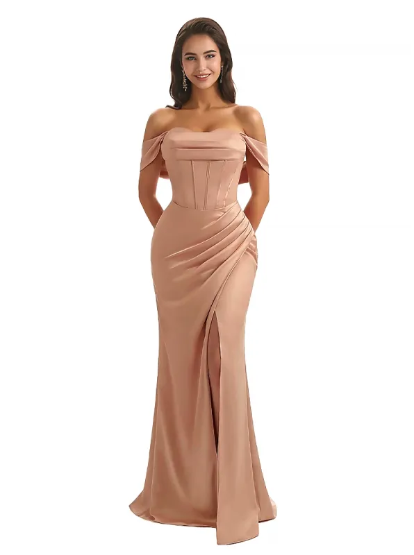 Elegant Off The Shoulder Mermaid Silky Satin Long Formal Dresses Side Slit sold by ChicSew