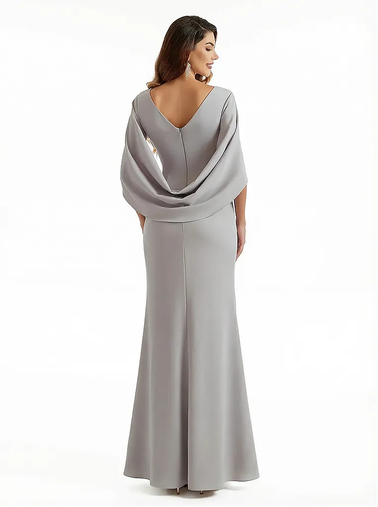Sexy Side Split Cape Sleeves Stretch Crepe Mermaid Maxi Evening Gowns For Women sold by ChicSew product image thumbnail 2