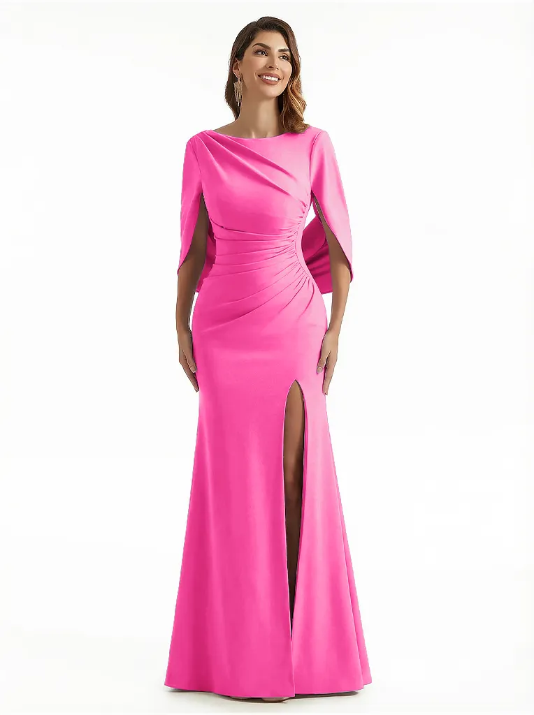 Sexy Side Split Cape Sleeves Stretch Crepe Mermaid Maxi Evening Gowns For Women sold by ChicSew product image thumbnail 3