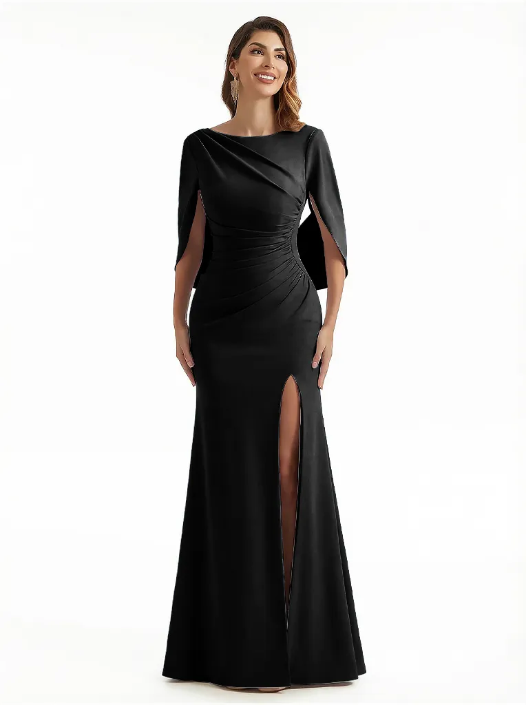 Sexy Side Split Cape Sleeves Stretch Crepe Mermaid Maxi Evening Gowns For Women sold by ChicSew product image thumbnail 4
