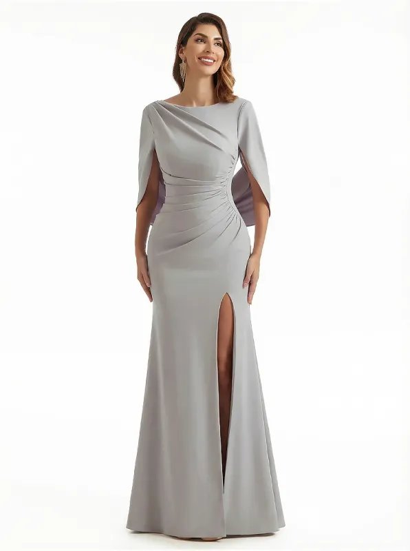 Sexy Side Split Cape Sleeves Stretch Crepe Mermaid Maxi Evening Gowns For Women sold by ChicSew