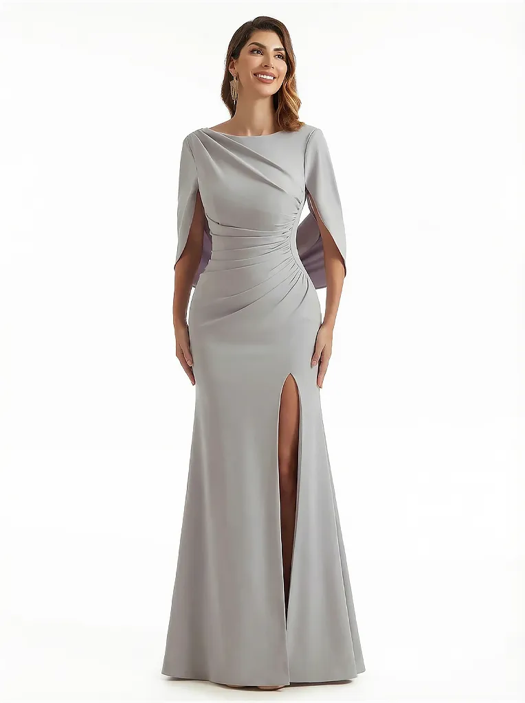 Sexy Side Split Cape Sleeves Stretch Crepe Mermaid Maxi Evening Gowns For Women sold by ChicSew