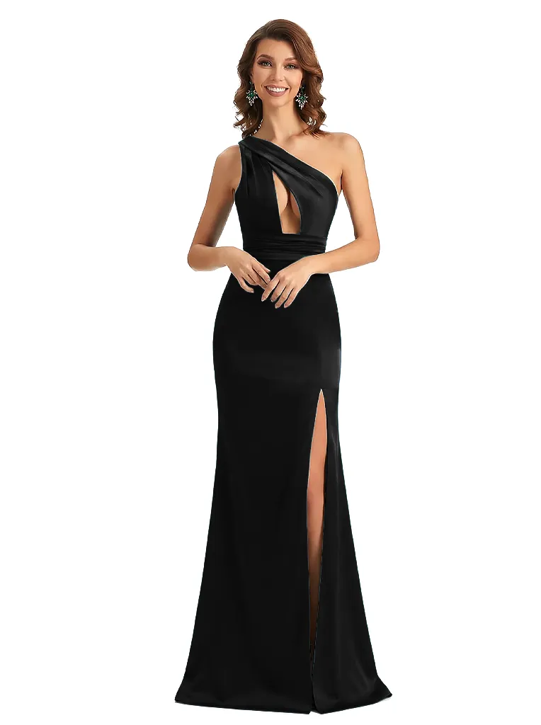 Sexy One Shoulder Ruched Satin Mermaid Long Evening Formal Dresses Side Slit sold by ChicSew product image thumbnail 3