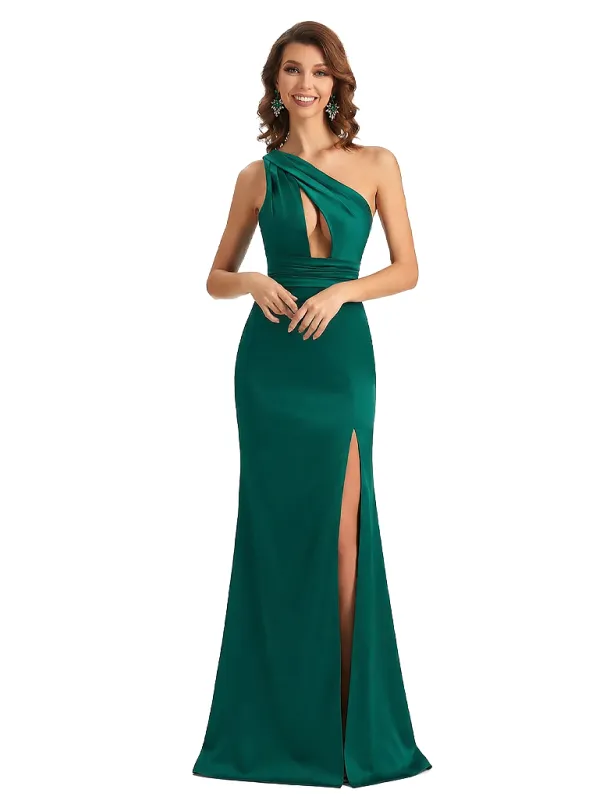 Sexy One Shoulder Ruched Satin Mermaid Long Evening Formal Dresses Side Slit sold by ChicSew