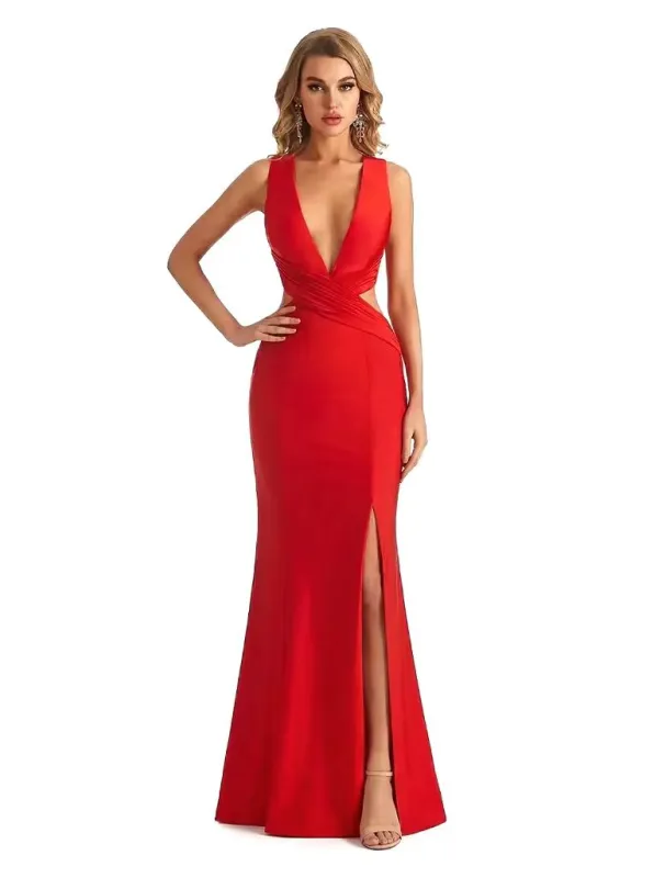 Sexy V-neck Side Slit Jersey Mermaid Floor Length Evening Formal Dresses sold by ChicSew