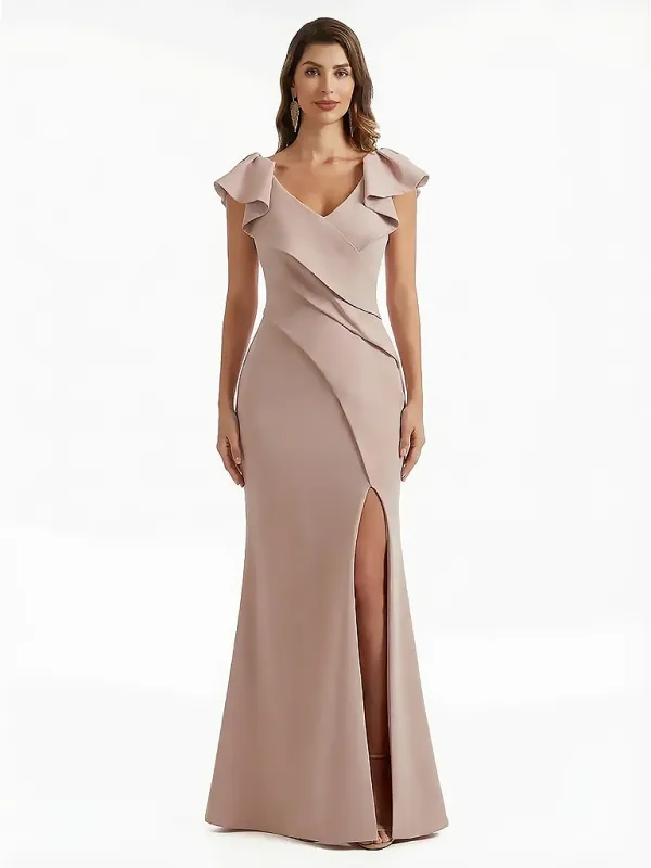 Elegant Mermaid Stretchy Crepe Maxi Evening Gowns For Women V-Neck Side Slit sold by ChicSew