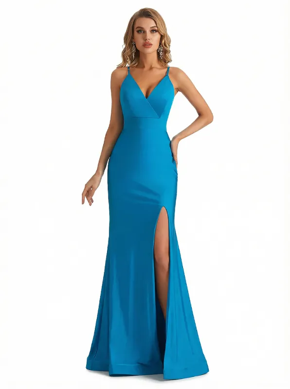 Trendy V-neck Side Slit Jersey Mermaid Floor Length Evening Formal Dresses sold by ChicSew