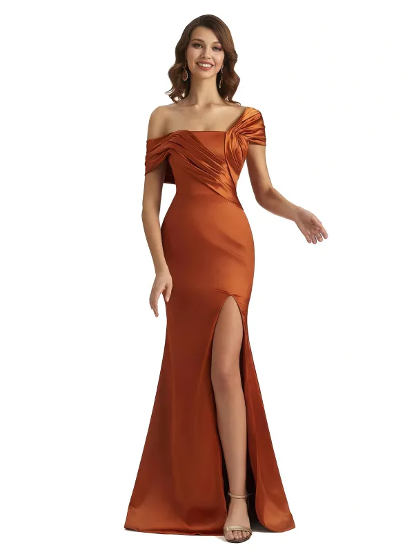 Sexy Asymmetrical Straps Silky Satin Mermaid Maxi Evening Dresses For Ladies Side Slit sold by ChicSew