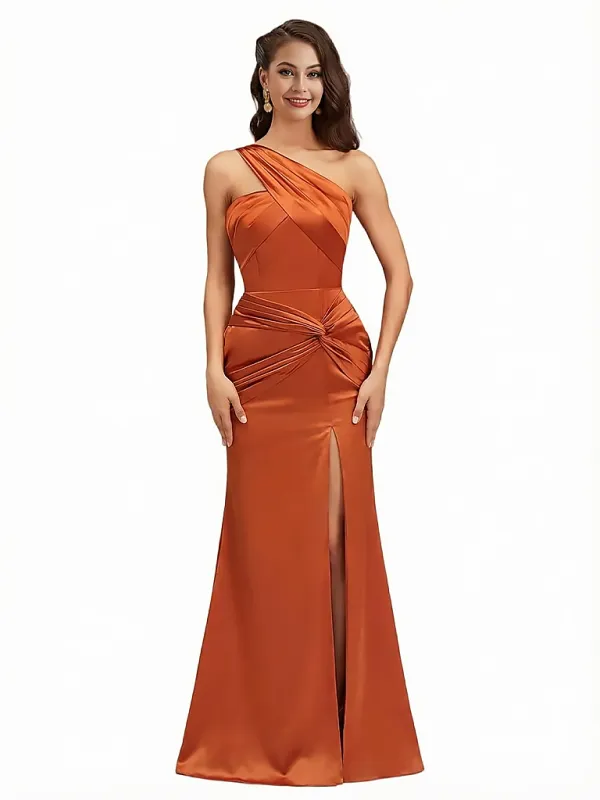 Sexy Side Slit One Shoulder Satin Mermaid Maxi Evening Gowns For Women With Twisted Knot sold by ChicSew