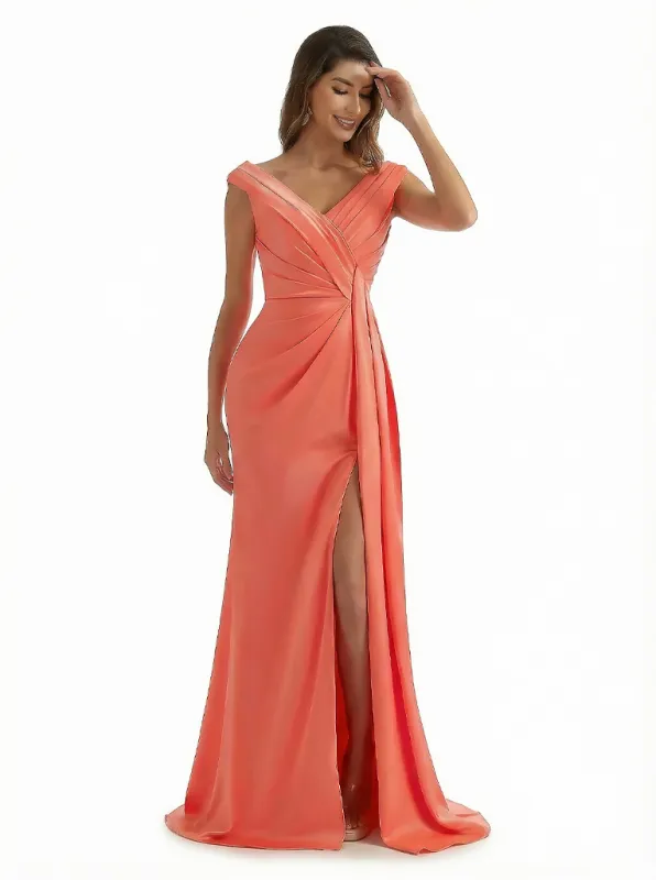 Elegant Cap Sleeves V-Neck Silky Satin Mermaid Long Formal Dresses Side Slit With Waist Drape sold by ChicSew