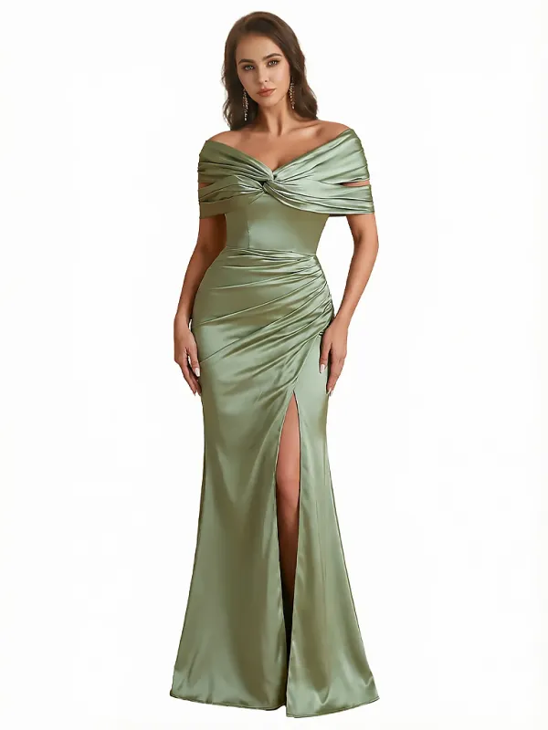 Women Elegant Off The Shoulder Ruched Satin Mermaid Long Formal Dresses Side Slit sold by ChicSew