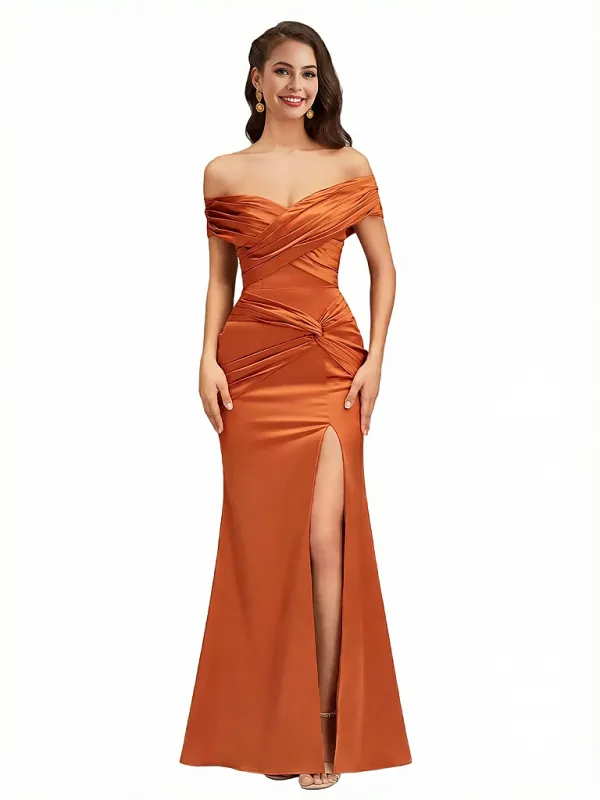 Sexy Off The Shoulder Side Slit Silky Satin Mermaid Maxi Evening Gowns For Women sold by ChicSew