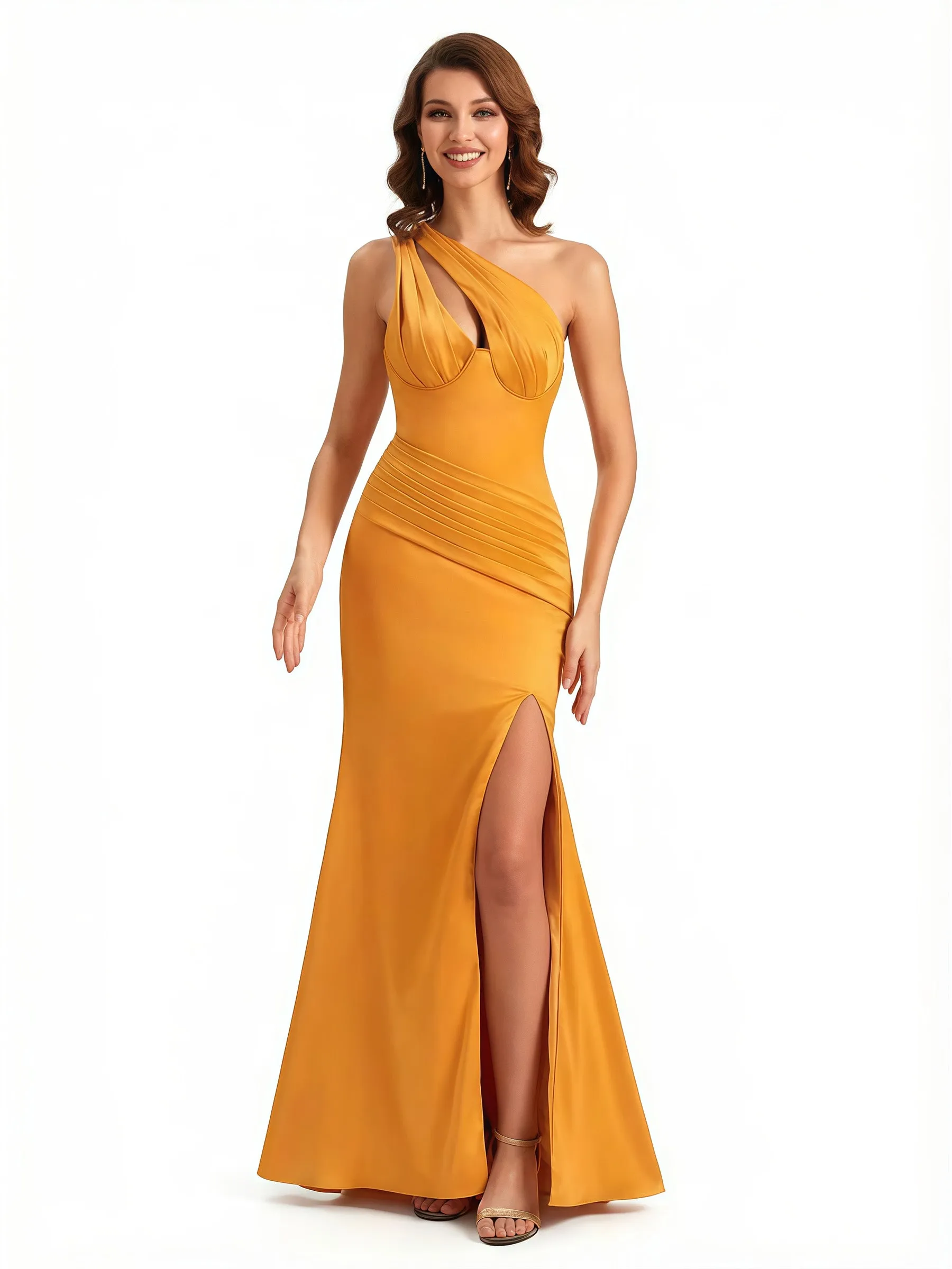 Sexy One Shoulder Silky Satin Mermaid Long Evening Gown Dresses For Women Side Slit sold by ChicSew