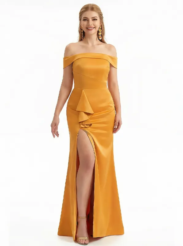 Sexy Off The Shoulder Side Slit Mermaid Ruffle Satin Long Formal Evening Dresses sold by ChicSew