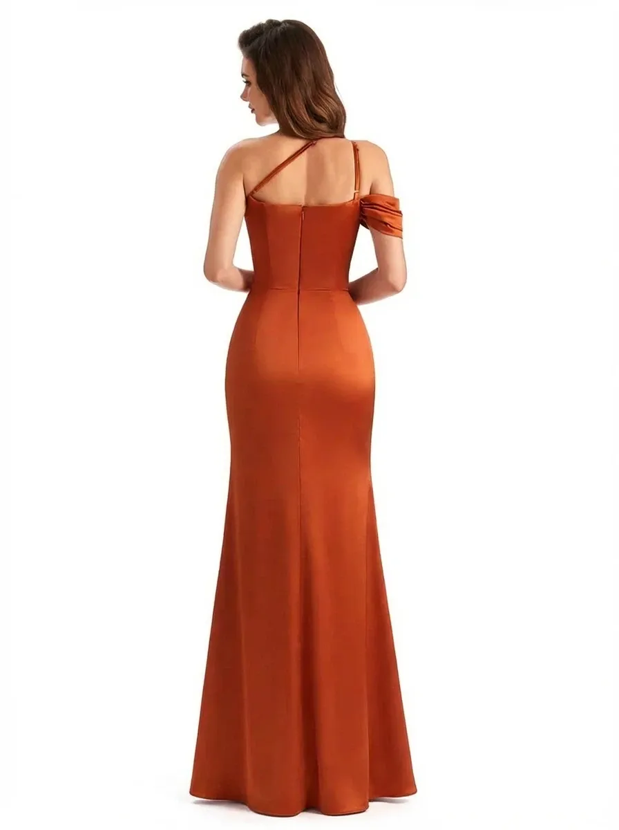 Elegant Asymmetrical One Shoulder Mermaid Ruched Satin Long Formal Dresses Side Slit sold by ChicSew product image thumbnail 2