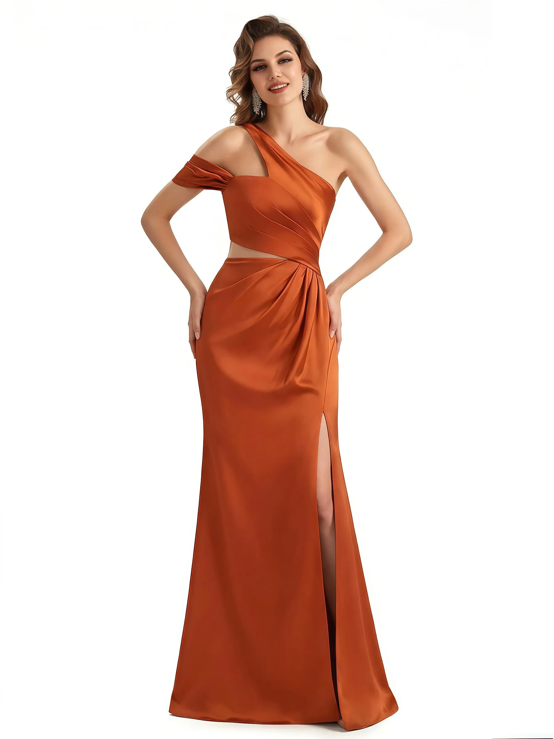 Elegant Asymmetrical One Shoulder Mermaid Ruched Satin Long Formal Dresses Side Slit sold by ChicSew