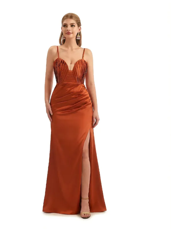Elegant Mermaid Ruched Satin Long Formal Dresses For Women Spaghetti Straps Side Slit sold by ChicSew
