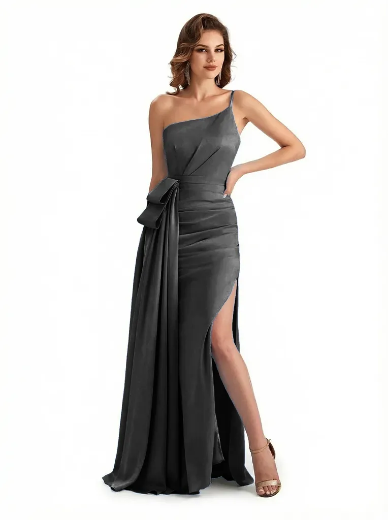Sexy One Shoulder Sleeveless Mermaid Ruched Satin Long Formal Dresses Side Slit sold by ChicSew product image thumbnail 3