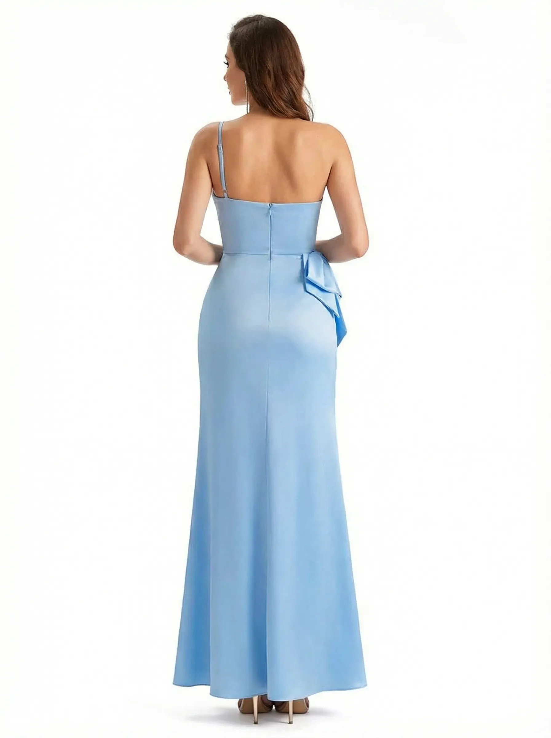 Sexy One Shoulder Sleeveless Mermaid Ruched Satin Long Formal Dresses Side Slit sold by ChicSew product image thumbnail 2
