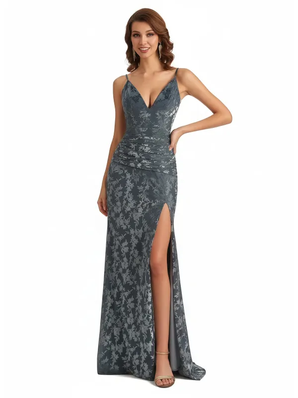 Elegant V-Neck Floral Burnout Velvet Long Formal Evening Gown Dresses Side Slit sold by ChicSew