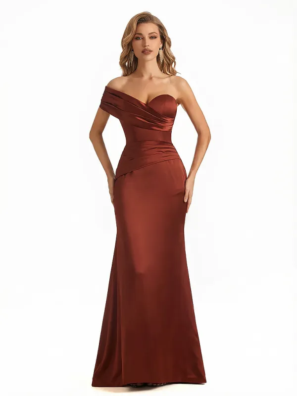 Sexy One Shoulder Ruched Silky Satin Mermaid Long Evening Dresses For Women sold by ChicSew