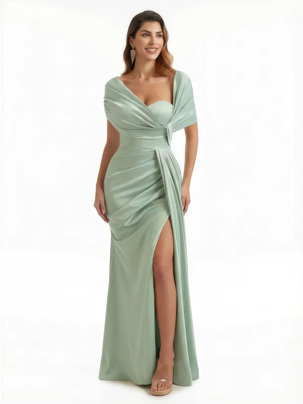 Elegant Cape Sleeve Ruched Silky Satin Mermaid Maxi Evening Gowns For Women Side Slit sold by ChicSew