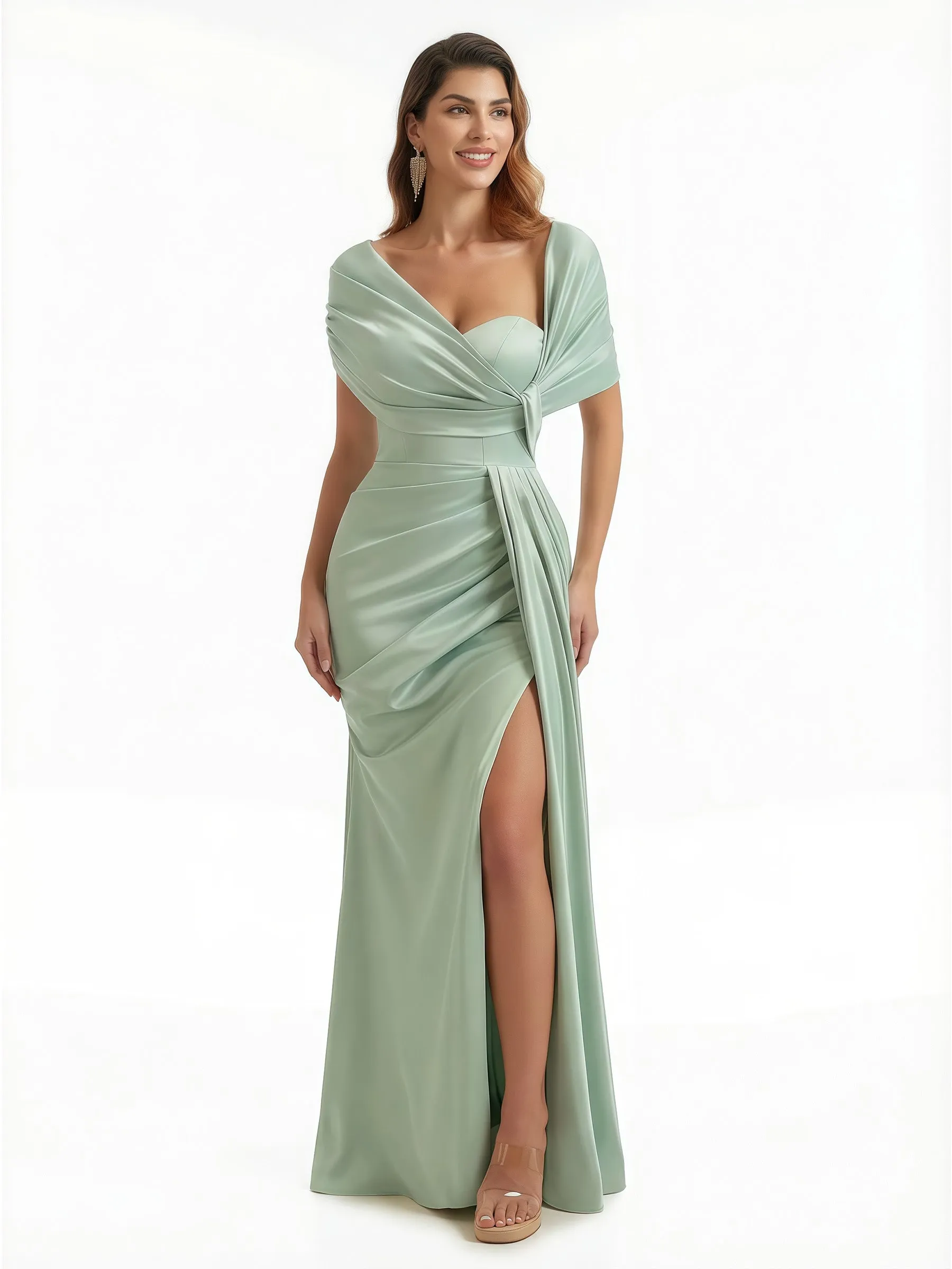 Elegant Cape Sleeve Ruched Silky Satin Mermaid Maxi Evening Gowns For Women Side Slit sold by ChicSew