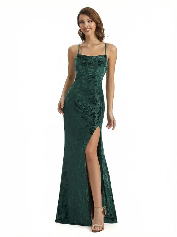 Elegant Floral Burnout Velvet Long Formal Evening Gown Dresses Spaghetti Straps Slit sold by ChicSew