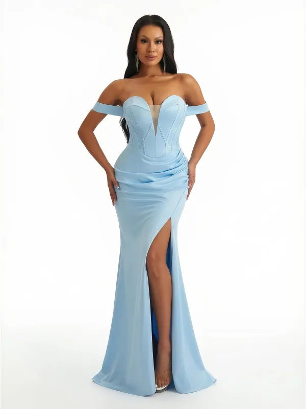 Sexy Off The Shoulder Sweetheart Mermaid Ruched Satin Long Formal Dresses Side Slit sold by ChicSew
