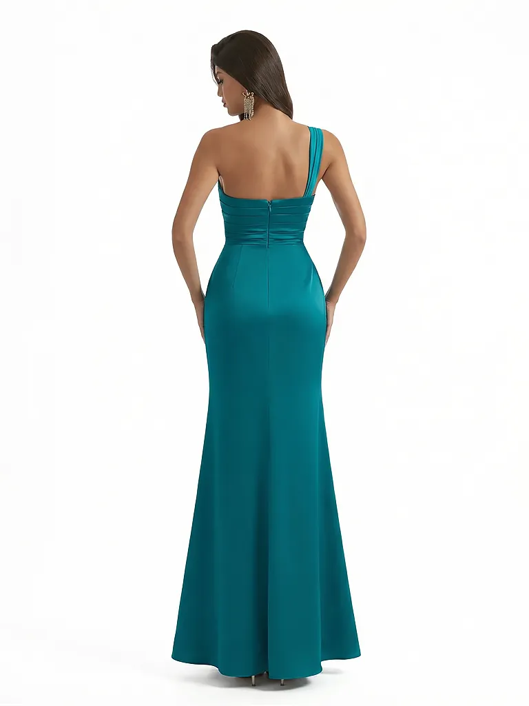 Sexy One Shoulder Ruched Silky Satin Mermaid Long Evening Dresses For Women Side Slit sold by ChicSew product image thumbnail 2
