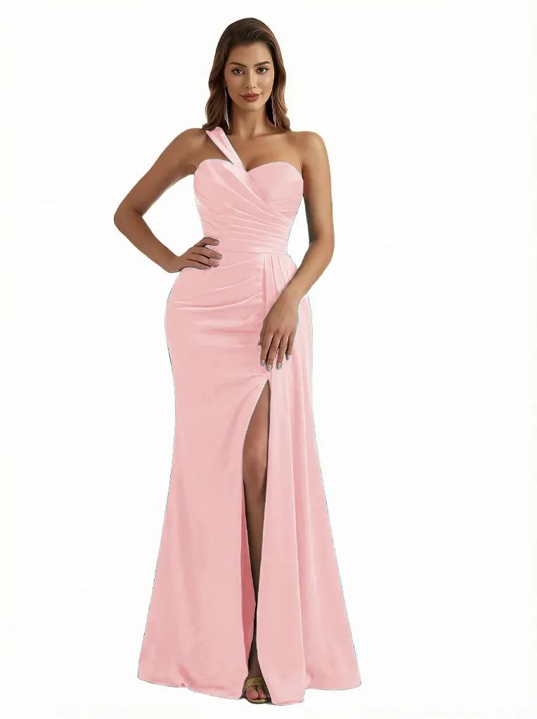 Sexy One Shoulder Ruched Silky Satin Mermaid Long Evening Dresses For Women Side Slit sold by ChicSew product image thumbnail 5