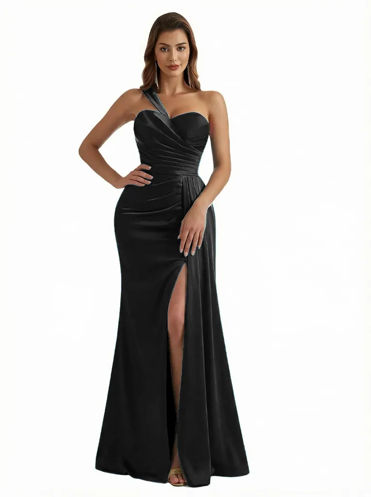 Sexy One Shoulder Ruched Silky Satin Mermaid Long Evening Dresses For Women Side Slit sold by ChicSew product image thumbnail 3