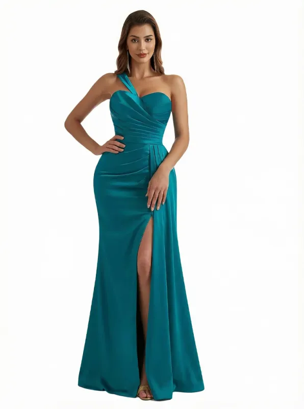 Sexy One Shoulder Ruched Silky Satin Mermaid Long Evening Dresses For Women Side Slit sold by ChicSew