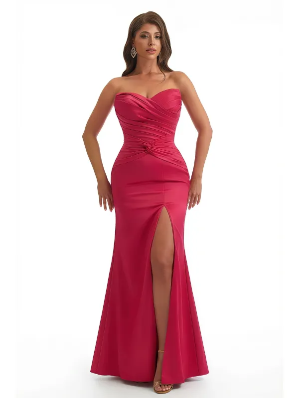 Sexy Sweetheart Strapless Mermaid Ruched Satin Long Evening Gown Dresses Side Slit sold by ChicSew
