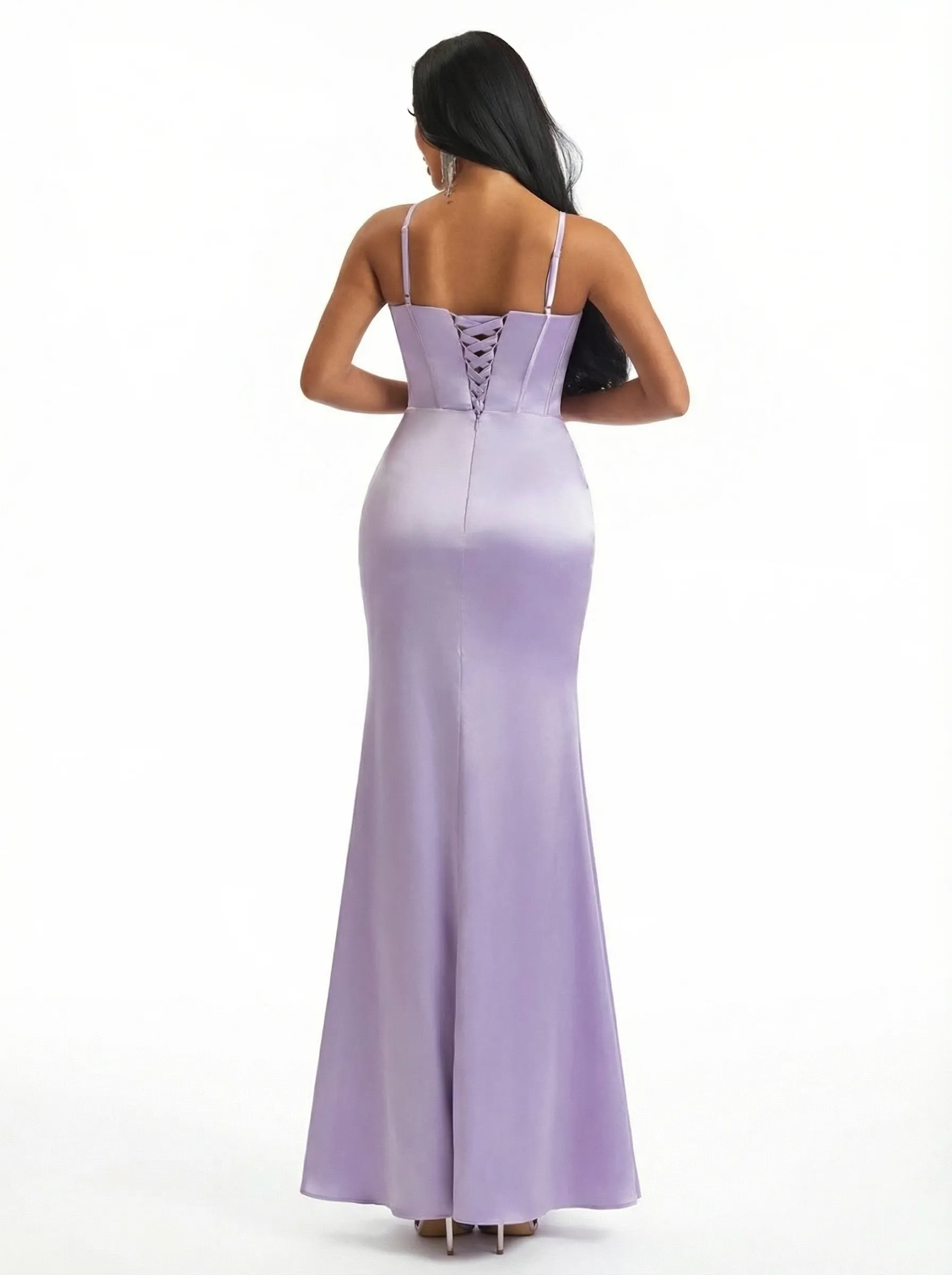 Elegant Spaghetti Straps V-Neck Boning Side Slit Mermaid Silky Satin Long Formal Dresses sold by ChicSew product image thumbnail 2