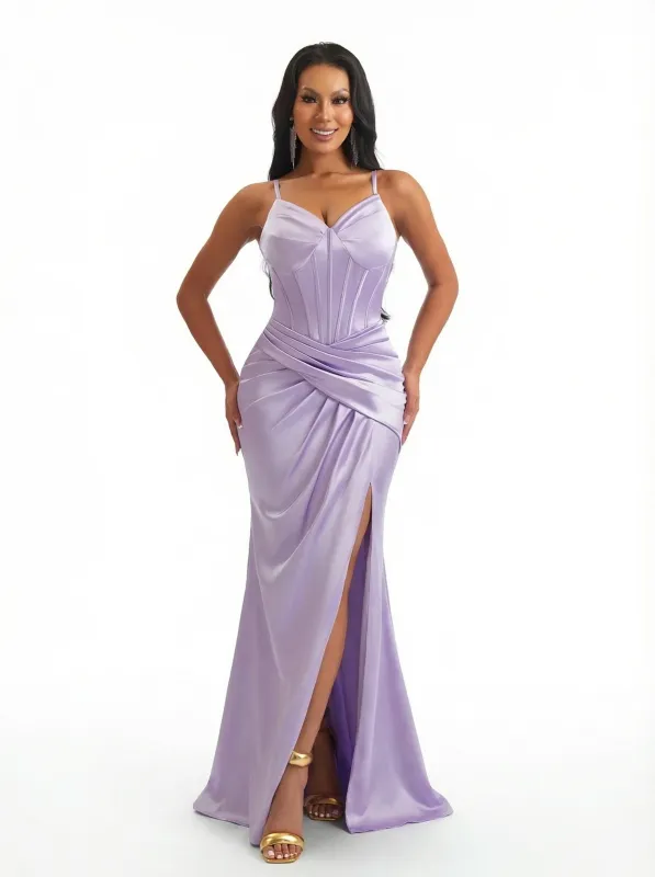 Elegant Spaghetti Straps V-Neck Boning Side Slit Mermaid Silky Satin Long Formal Dresses sold by ChicSew