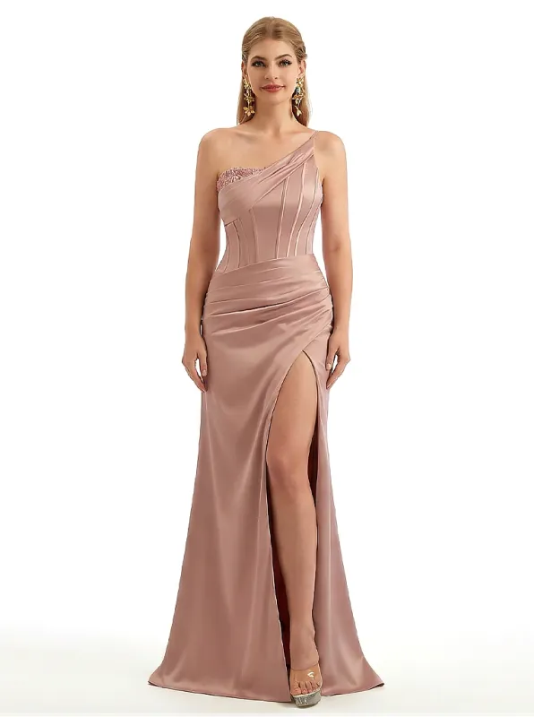 Sexy One Shoulder Silky Satin Mermaid Long Evening Gown Dresses For Women Side Slit sold by ChicSew