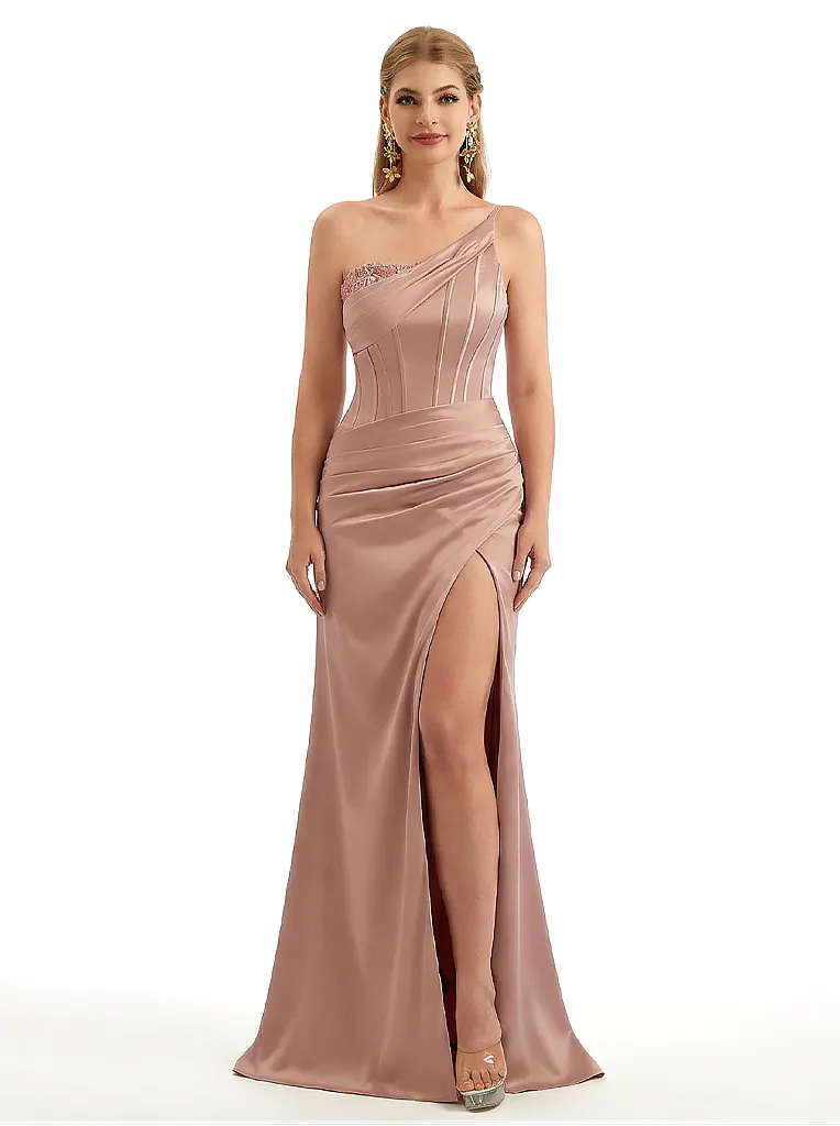 Sexy One Shoulder Silky Satin Mermaid Long Evening Gown Dresses For Women Side Slit sold by ChicSew