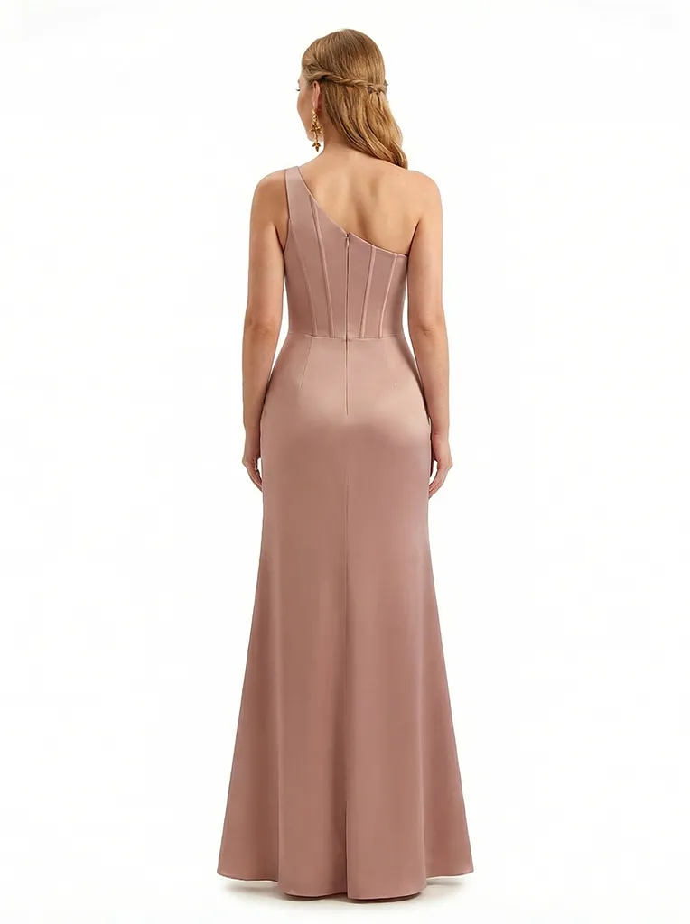 Sexy One Shoulder Silky Satin Mermaid Long Evening Gown Dresses For Women Side Slit sold by ChicSew product image thumbnail 2
