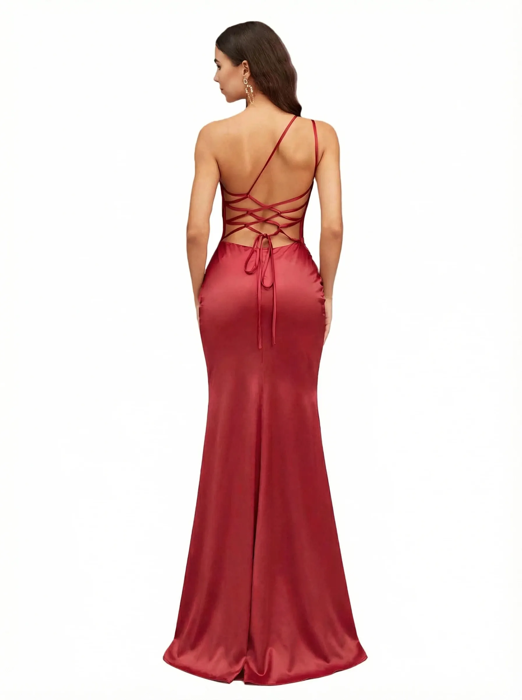 Ladies One Shoulder Silky Satin Criss Cross Mermaid Long Formal Evening Gowns Side Slit sold by ChicSew product image thumbnail 2