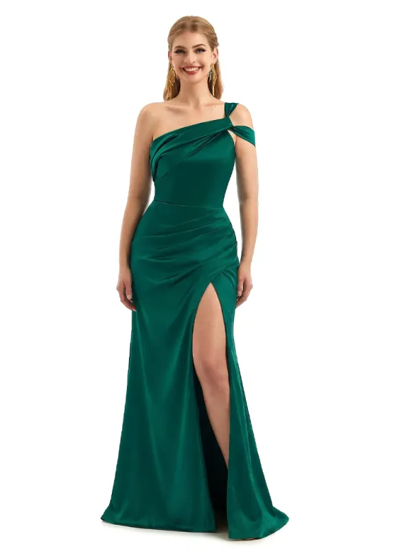 Sexy One Shoulder Silky Satin Mermaid Long Evening Gown Dresses For Women Side Slit sold by ChicSew