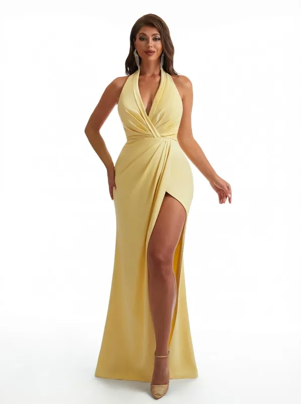 Women Sexy Halter Ruced Mermaid Silky Satin Long Formal Dresses Side Slit sold by ChicSew