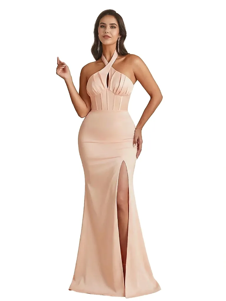 Sexy Halter Neck Side Slit Mermaid Ruched Satin Long Formal Dresses For Women sold by ChicSew